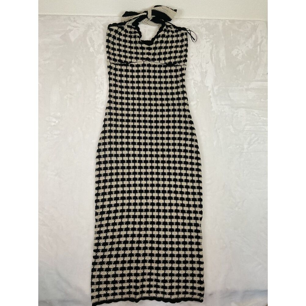 Miou Muse Checkerboard Pattern Crochet Knit Maxi Dress Size L